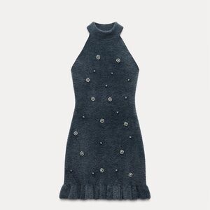 NWT ZARA FAUX FUR BEADED HALTER DRESS